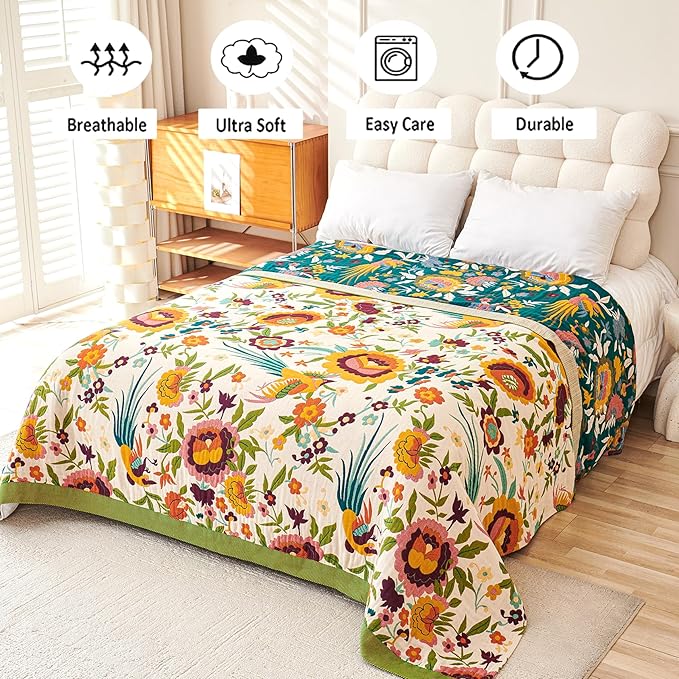 VANJOROY Boho Throw Blanket 50" x 60", 100% Organic Cotton Skin-Friendly Soft Bed Quilt Throw - All Season Floral Rustic Farmhouse Decor Luxury Blanket for Sofa Couch Chair and Gift.