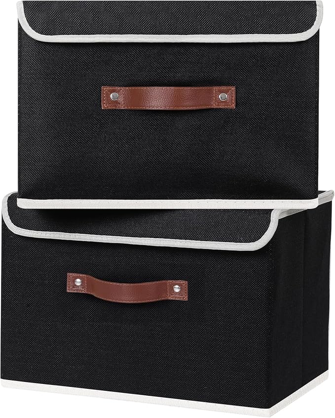 ANMINY Fabric Storage Box Bins with Lids, Black, 15"x10"x10", 4 Pack | Keepsake Memory Storage, Cotton Linen, PP Board Reinforced, Washable, PU Handles, Foldable & Stackable, Decorative, Large