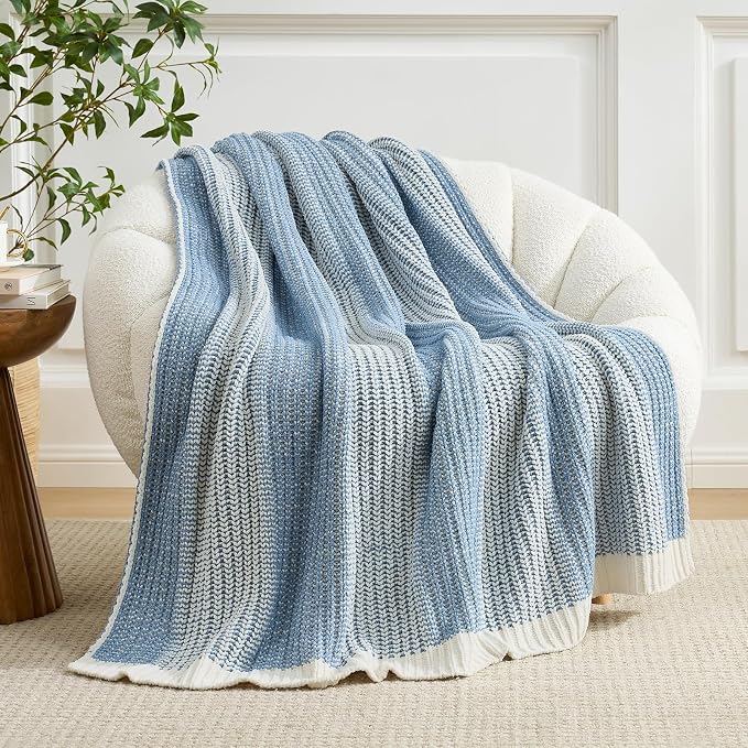 Premium Chenille Throw Blanket, Soft Cozy Luxury Two-Tone Knit Blanket for Couch, Sofa, Chair, Home Decor, Blue & Ivory 50"x60"