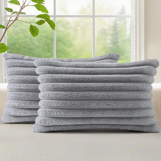 decorUhome Fall Faux Fur Throw Pillow Covers 12x20 Set of 2 Grey | Decorative Soft Cozy Striped Plush Modern Farmhouse Boho Couch Pillow Cases Velvet Back for Sofa Bed Living Room Home Decor