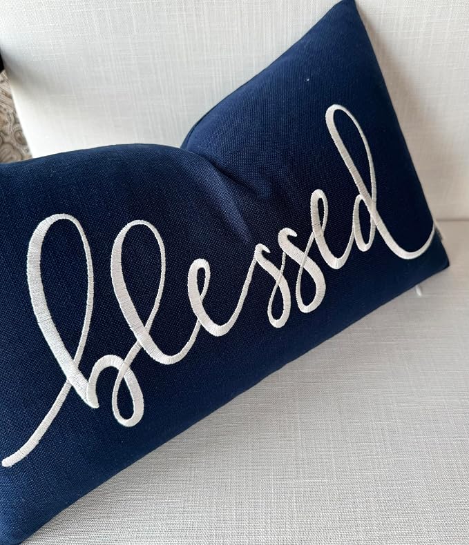 EURASIA DECOR Blessed Embroidered Lumbar Pillow Cover 12x20, Navy Blue | Raised ivory script on navy blue; scripture faith gift, cotton, hidden zip, solid back, cover only