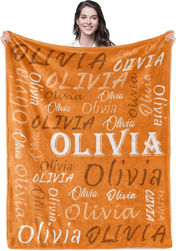 Personalized Orange Theme Throw Blanket, Soft Flannel Fleece with Custom Name for Men, Women, Kids - Perfect for Birthday, Christmas, Valentines Day