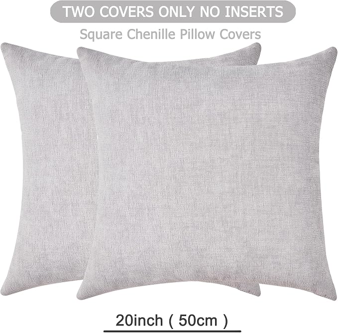 GAWAMAY Decorative Square Throw Pillow Covers 20"x20" Inch Set of 2, Super Soft Chenille Pillows Farmhouse Fall Pillowcase for Living Room Bedroom Sofa Couch Cushion Cover Light Grey 50x50cm