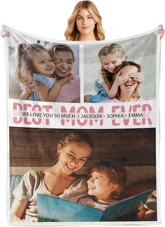 Custom Mom Blanket with Photos, Personalized Best Mom Ever Gifts | Customized Mother's Day Blanket, Personalized Christmas Birthday Gifts for Mom from Daughter