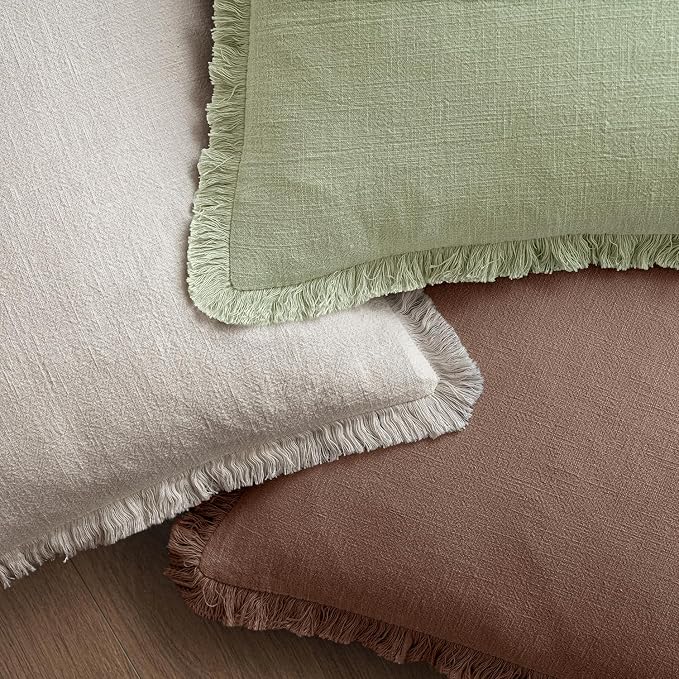 MIULEE Linen Decorative Fall Euro Throw Pillow Covers Dark Coffee 26x26 | Set of 2, Cottagecore Decor, Boho Farmhouse Neutral Pillow Covers, Rustic Fall Fringe Couch Cushion for Sofa Bed Living Room