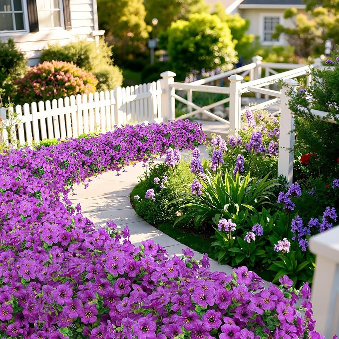 24 Pcs Artificial Flowers for Outdoors Decorations, Purple | Lifelike silk flowers, UV resistant, faux plastic plants, for garden porch window table vase home indoor outdoor decor