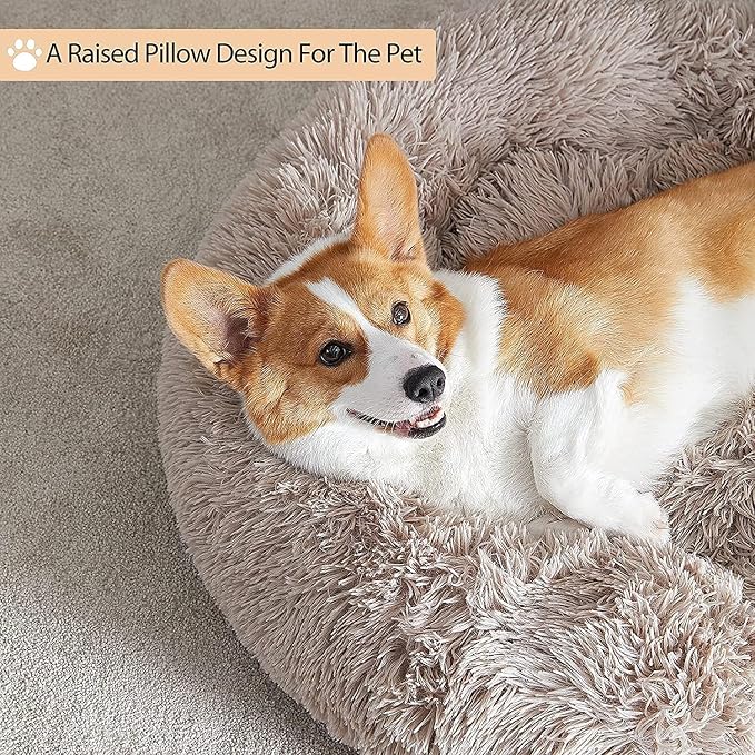 WNPETHOME Large Round Calming Dog Bed Cat Bed for Comfy Sleep | Large Cute Washable Puppy & Cat Bed with Fluffy Plush, Faux Fur Anti Anxiety Pet Bed Donut Cuddler (45x45x10 Inch, Brown)