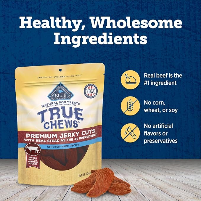 Blue Buffalo True Chews Premium Jerky Cuts Steak Dog Treats, 10 oz | Chicken-Free Recipe, Real Steak First, Made in the USA, No Artificial Preservatives