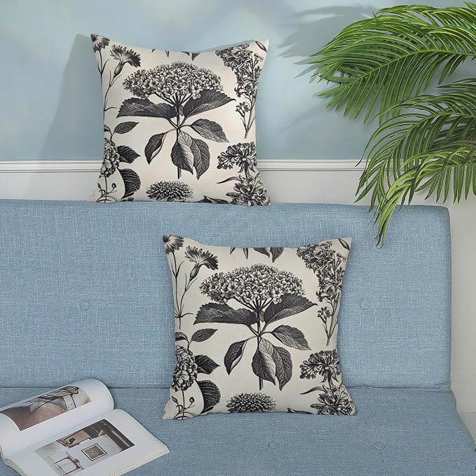 Floral Pillow Covers 20x20 Set of 2 Vintage Black Hydrangea Herbs Botanical Throw Pillow Cover Outdoor Decoration Boho Flower Pillowcase Farmhouse Decorative Cushion Case for Home Couch Sofa