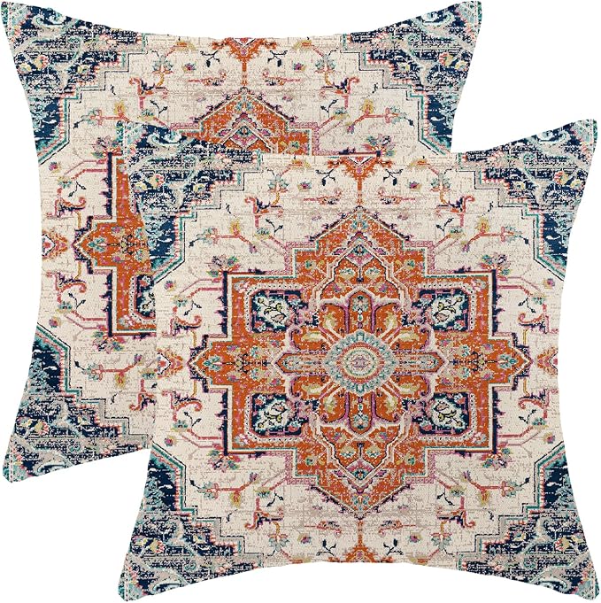 AEIOAE Boho Pillow Covers 18x18 Inch Set of 2,Carpet Pattern Throw Pillows Case,Navy Blue Orange Ethnic Design Outdoor Decorative Square Linen Farmhouse Decor Cushion Covers for Home Sofa Bed Couch