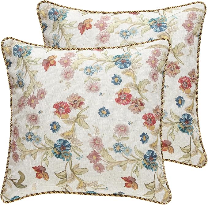 patdrea French Vintage Linen Pillow Cover,18"x18",Set of 2-Townlife B | Decorative Pillow Case with Zipper,Floral Pattern,Pillow Cover for Couch Living Room Bedroom Sofa