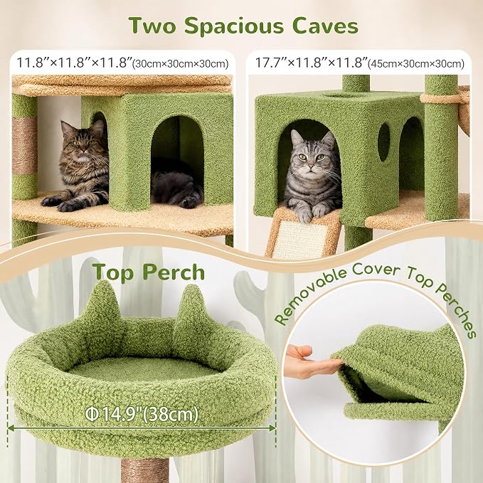 Globlazer Heavy Duty Cactus Cat Tree for Large Cats, Sturdy 72in Maine Coon Cat Tree for Large 20 lbs+ Cactus Cat Tower for Adult Biggest Cats with 6 Scratching Posts, Hammock, S72, Green