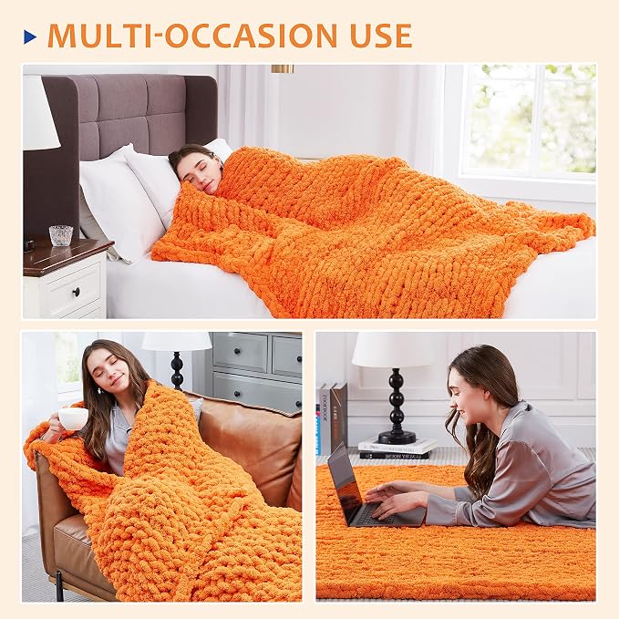 L'AGRATY Chunky Knit Throw Blanket for Couch 60'' x 80'' Knit Throw, Orange | Handmade Chenille Crochet Blanket for Sofa Bed, Thick Cable Knitted Blankets for Room Home Decor, Birthday Gift for Women Mom