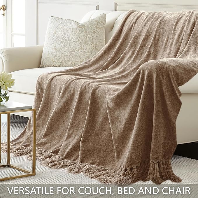 Chenille Throw Blanket for Couch 50" x 60", Taupe | Soft Cozy Warm Throws with Fringe Tassel, for Living Room Bed Sofa Chair Cover, Lightweight Knitted Decorative Boho Blankets