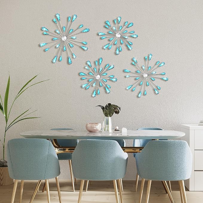 Hicarer 4 Pcs Starburst Wall Decor Bling Wall Art Crystal Teardrop 3D Hanging Rhinestone Radial Metal Artwork Modern Accent Sculptures Decorations for Living Room Home Office Bedroom(Blue)