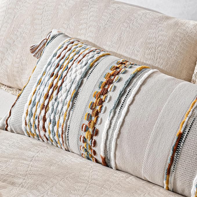 Chenille Striped Textured Boho Throw Pillow Covers Aesthetic with Tassels Woven Decorative Pillow Case for Couch Bed Sofa Bedroom Modern Funky 14 x 36-Inch Brown