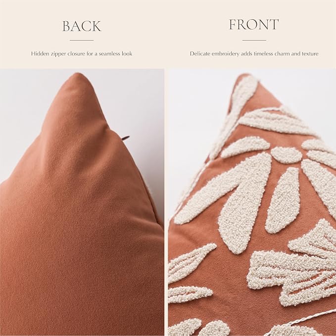 Throw Pillow Cover 20x20 Inch, Rust Terracotta Floral Tufted Velvet Decorative Accent Pillow Case for Sofa Bed Living Room, Cover Only
