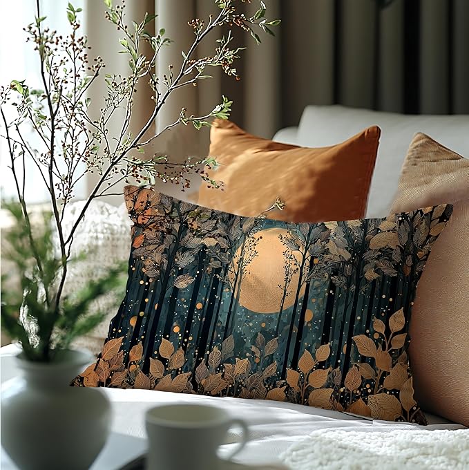 Rustic William Morris Style Gold Moon Pillow Covers 20x12,Vintage Black and Gold Forest Moon Botanical Nature Landscape Decorative Throw Pillow Covers for Home Bedroom Living Room