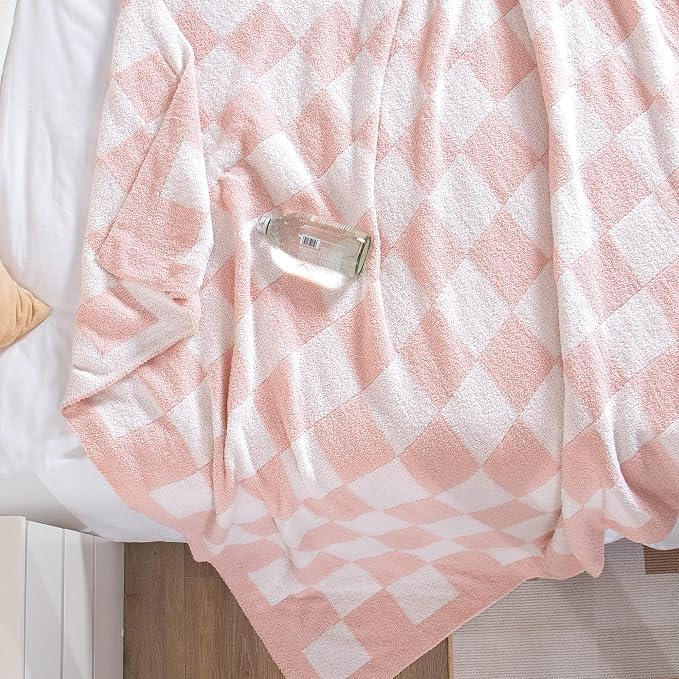 SeaRoomy Fuzzy Checkered Throw Blanket for Bed Decor,Light Pink 90"X90" | Warm,Cozy,Fluffy,Lightweight,Gift for Women Couch Sofa Bed Room Decor