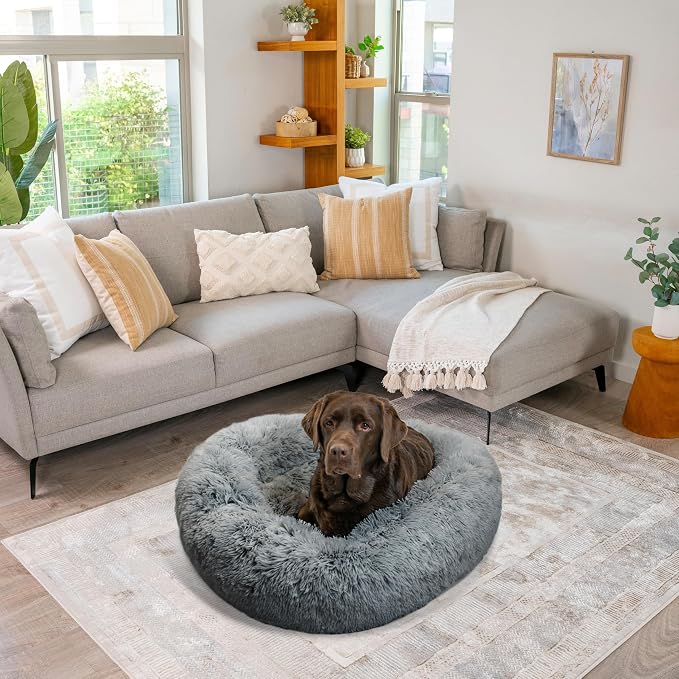 Best Friends by Sheri Original Calming Donut Dog Bed, Gray, Large, 36" | Machine-Washable Cover, Shag Faux Fur, Orthopedic Support, Sense of Security, Water-Resistant Base, Large Dogs Up to 100 lbs