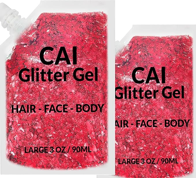 Face, Body & Hair Glitter Gel – Halloween Glitter for Kids and Women – 3 Oz Cosmetic-Grade Gel w/Moon & Stars for Festivals & Halloween Party, Easy Apply & Wash Off - Red 2Pack