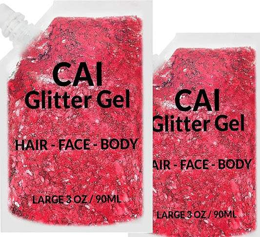 Face, Body & Hair Glitter Gel – Halloween Glitter for Kids and Women – 3 Oz Cosmetic-Grade Gel w/Moon & Stars for Festivals & Halloween Party, Easy Apply & Wash Off - Red 2Pack