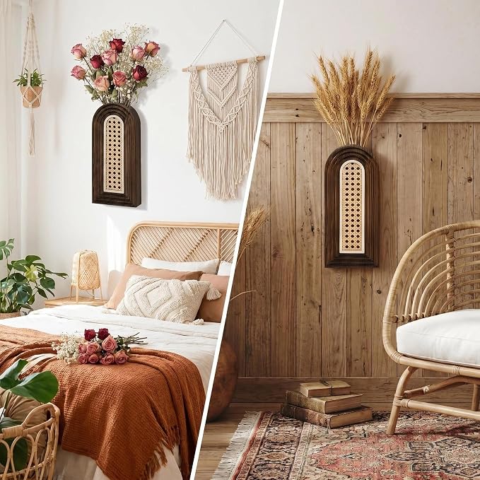 Dnnnii 2 Pack Wooden Wall Vase Set - Dark Brown Finish Hollow Rattan Modern Farmhouse & Boho Wall Decor for Entryway, Hallway, Bathroom, Living Room, Dining Room, Narrow Spaces