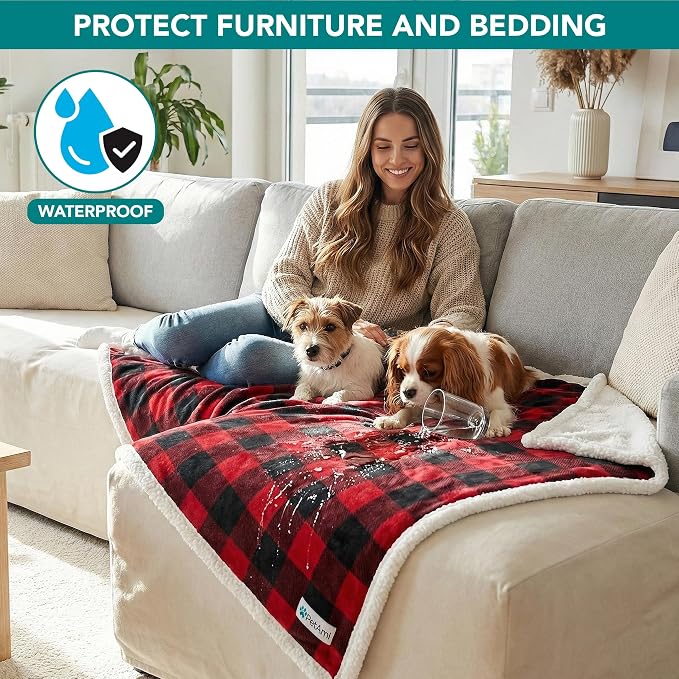 PetAmi Waterproof Dog Blanket for Large Dog Cat Pet, 60x80, Black Red | 460 GSM Sherpa Fleece Reversible, Pee Proof, Furniture Protector Cover for Couch Sofa Bed Kennel, Washable, Extra Large