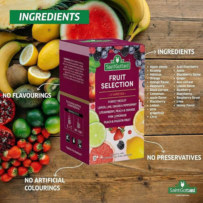 [FRUIT SELECTION] - Saint Gottard Herbal Tea Collection – Variety Pack with Fruit & Herbal Organic Infusions – Caffeine-Free Natural Ingredients Hot or Iced Fruity Tea Selection – 40 Tea Bags