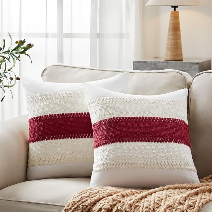 2pk Boho Pillow Covers 20x20, Natural White/Contrast/Red | 100% Organic Cotton Body, Stripe Embroidery, Farmhouse Decorative Cushion Covers for Sofa Bed Living Room Home Decor