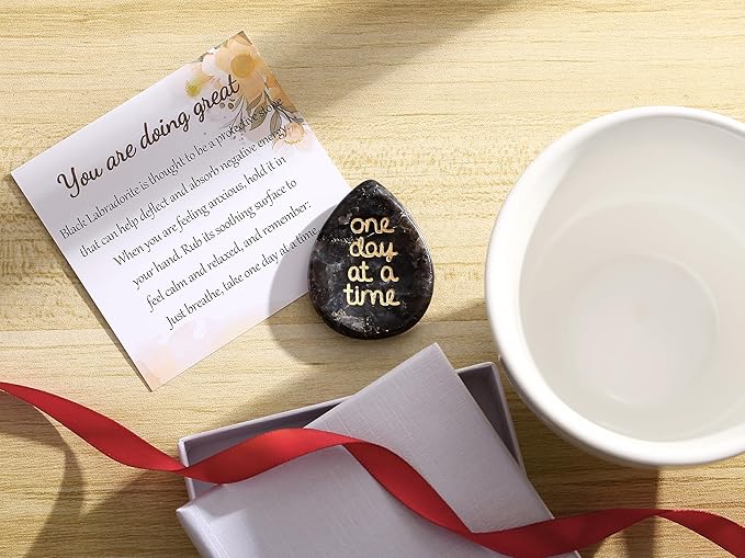 LAIDANLA Worry Stone for Anxiety Black Labradorite Healing Crystal Sensory Fidget Thumb Stones One Day at A Time Mental Health Relief Items Inspirational Thinking of You Sobriety Gifts for Women Men