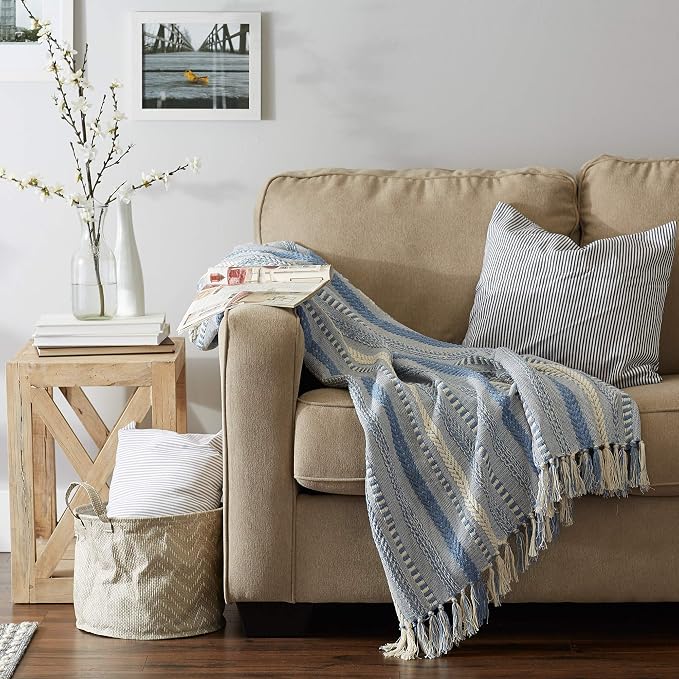 DII Braided Striped Decorative Throw Blanket, 50x60, Stonewash Blue