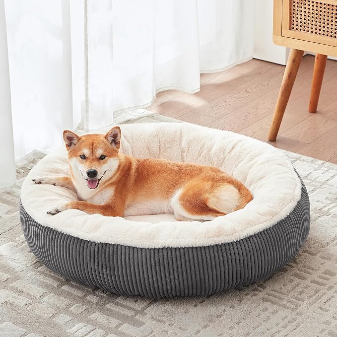 33 inches Calming Donut Dog Bed for Medium Plus Dogs,Dark Grey | Round Pet Bed with Removable&Washable Cover,Plush Faux Fur & Corduroy, Fits Pets up to 50 lbs