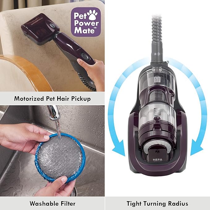 Kenmore 22614 Pet Friendly Lightweight Bagless Compact Canister Vacuum with Pet Powermate, HEPA, Extended Telescoping Wand, Retractable Cord and 2 Cleaning Tools-Purple | Pet Powermate, HEPA, Extended Telescoping Wand, Retractable Cord, 2 Cleaning Tools