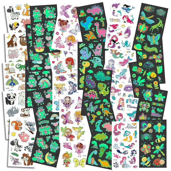 300pcs (30 Sheets) Glow-in-the-Dark Temporary Tattoos for Kids - Unicorn, Dinosaur, Mermaid, Fairy, Animals ＆ Butterfly - Temporary Tattoos for Boy ＆ Girls, Party Favors