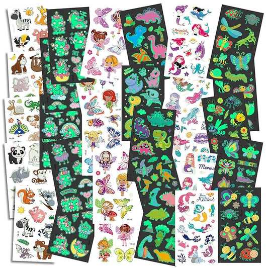 300pcs (30 Sheets) Glow-in-the-Dark Temporary Tattoos for Kids - Unicorn, Dinosaur, Mermaid, Fairy, Animals ＆ Butterfly - Temporary Tattoos for Boy ＆ Girls, Party Favors