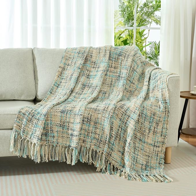 Multi-Color Cable Woven Throw Blanket for Couch - 60"X80" | Multicolored Boho Style,Super Soft Warm Cozy Chunky Blankets with Decorative Tassels for Bed and Sofa,Blue Grey
