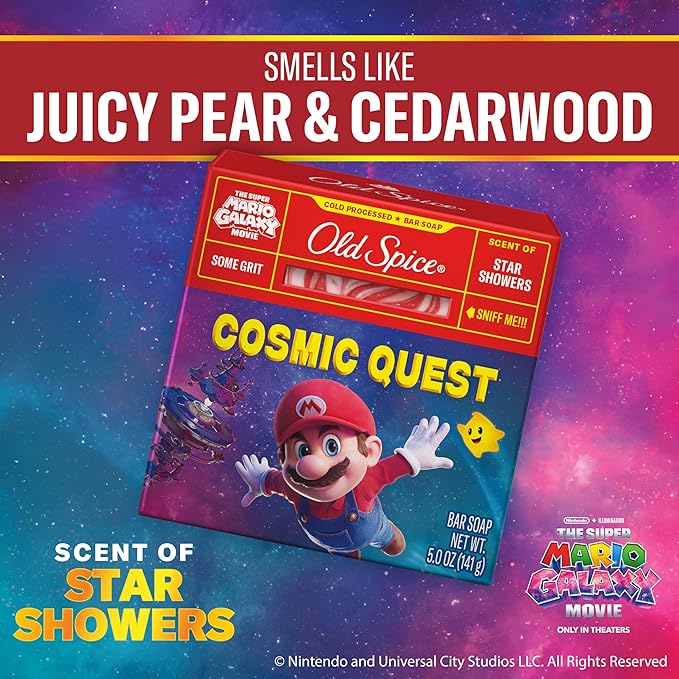 Old Spice Bar Soap for Men, x The Super Mario Galaxy Movie, Cold Pressed with Grit, Made with Natural Oils & Plant Based Cleanser, Star Showers with Juicy Pear & Cedarwood Scent, 5.0 oz