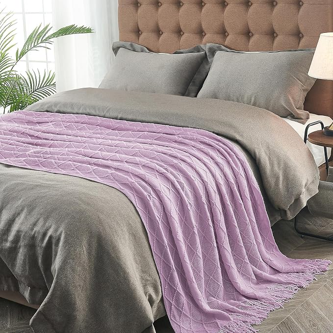 inhand Light Purple Knitted Throw Blanket for Couch and Bed, 50"x60" | Soft Living Room Home Decor Knitted Blanket, Tassel, Outdoor Lightweight Breathable , Farmhouse Warm Woven Decorative