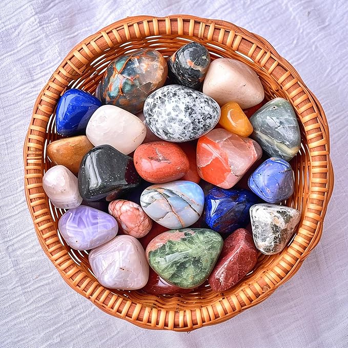 Polished Stone Set Mixed Crystals, Christmas Gift for Kids, 1.2" - 2.5 lbs, 25 Types of Extra Large Size Tumbled Gemstones and Crystals Bulk for Healing, Reiki, Meditation, Witchcraft