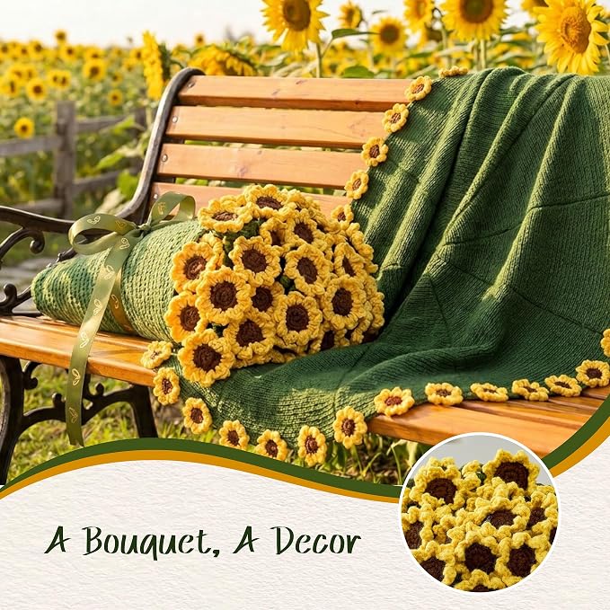 Sunflower Crochet Flower Bouquet Blanket, 43 Inch Gift Throw, 36 Sunflowers | Gift bag, writable card, machine washable, hand-crocheted sunflowers, ready for sunshine gifts and special moments.