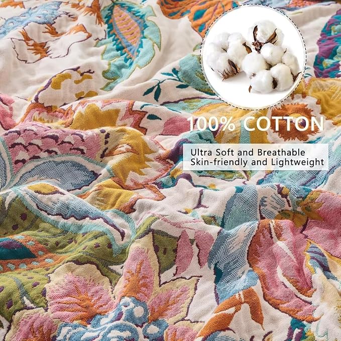 Boho Throw Blanket Farmhouse Decor Throw Blanket Bohemian Blanket for Bed 100% Cotton Muslin Woven Couch Blanket All Seasons Quilt Bedroom (C-Beige, 60"x80")