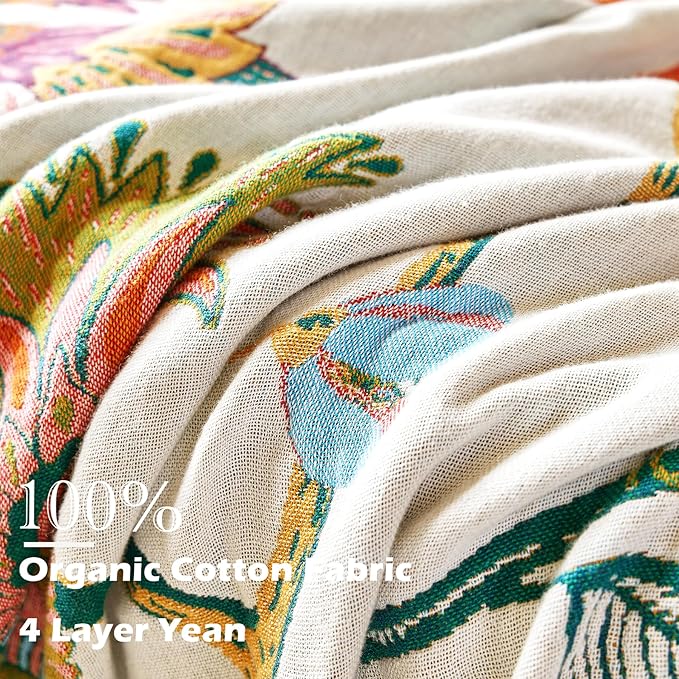 VANJOROY Boho Throw Blanket, 100% Organic Cotton Breathable Skin-Friendly Ultra Soft Bed Quilt Throw - All Season Floral Bird Farmhouse Décor Luxury Blanket for Sofa Couch Chair and Gift. 91" x 98"