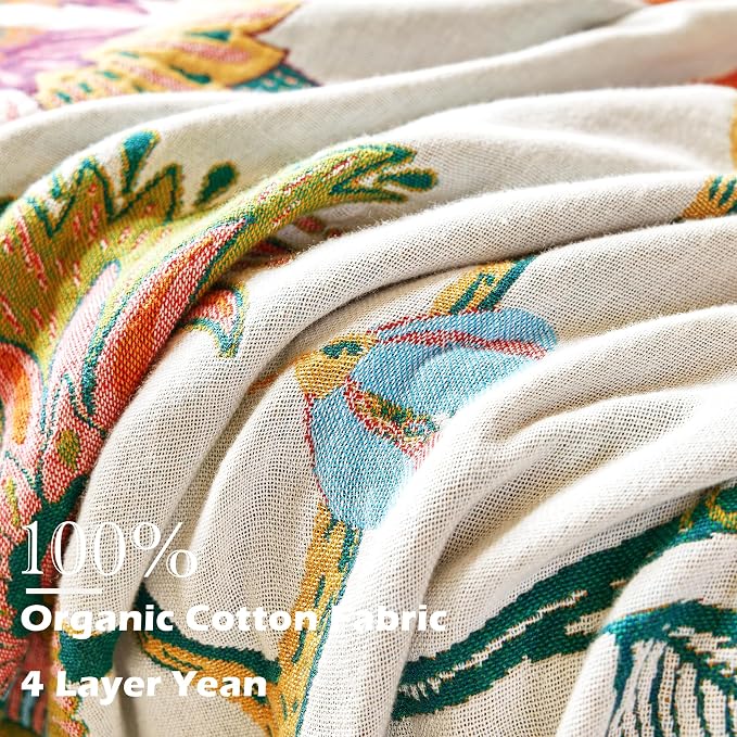 VANJOROY Boho Throw Blanket, 100% Organic Cotton Breathable Skin-Friendly Ultra Soft Bed Quilt Throw - All Season Floral Bird Farmhouse Décor Luxury Blanket for Sofa Couch Chair and Gift. 60" x 80"