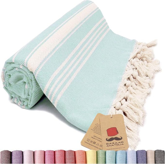 Bazaar Anatolia Turkish Beach Towel – 100% Cotton, Quick Dry, Sand Free Towel for Bathroom, Camping, Travel, Burgundy – Oversized 71x39 Inches – Stripe Mint