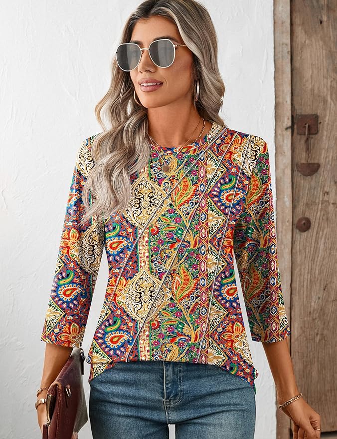 LOMON 3/4 Length Sleeve Womens Tops Spring Summer Fashion 2026 Tops Crew Neck Pleated Shirts Tunic Top Loose Fit