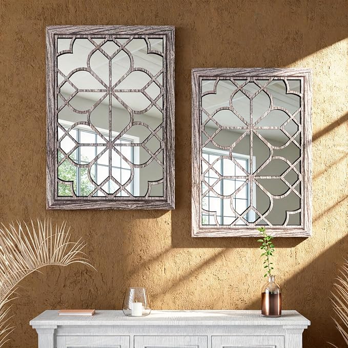 Set of 2 19x26 Inch Large Brown Shatterproof Rectangular Wall Mirrors, Boho Rustic Farmhouse Vintage Accent Mirrors for Living Room Bedroom Entryway Dining Room & Home Decor