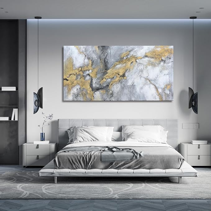 Belmrxne Abstract Wall Art for Living Room Large Grey and Gold Wall Decor Unique Canvas Painting Luxury Wall Prints Aesthetic Bedroom Hanging Artwork 29x58 Inches