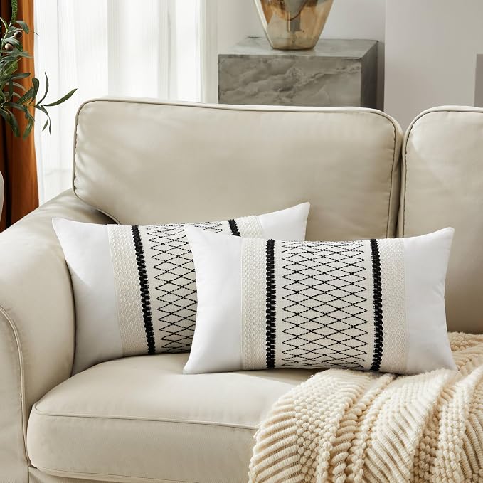 2pk Boho Pillow Covers 12x20, Natural White/Grid/Black | 100% Organic Cotton Body, Stripe Embroidery, Farmhouse Decorative Cushion Covers for Sofa Bed Living Room Home Decor