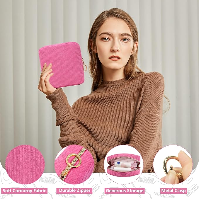 Period Bag for Girls, Corduroy Period Kit with Sanitary Pad Pouch, Menstrual Storage Bag and Tampon Holder for Purse, Girls School Essentials,Feminine Care Organizer(Rose Red)